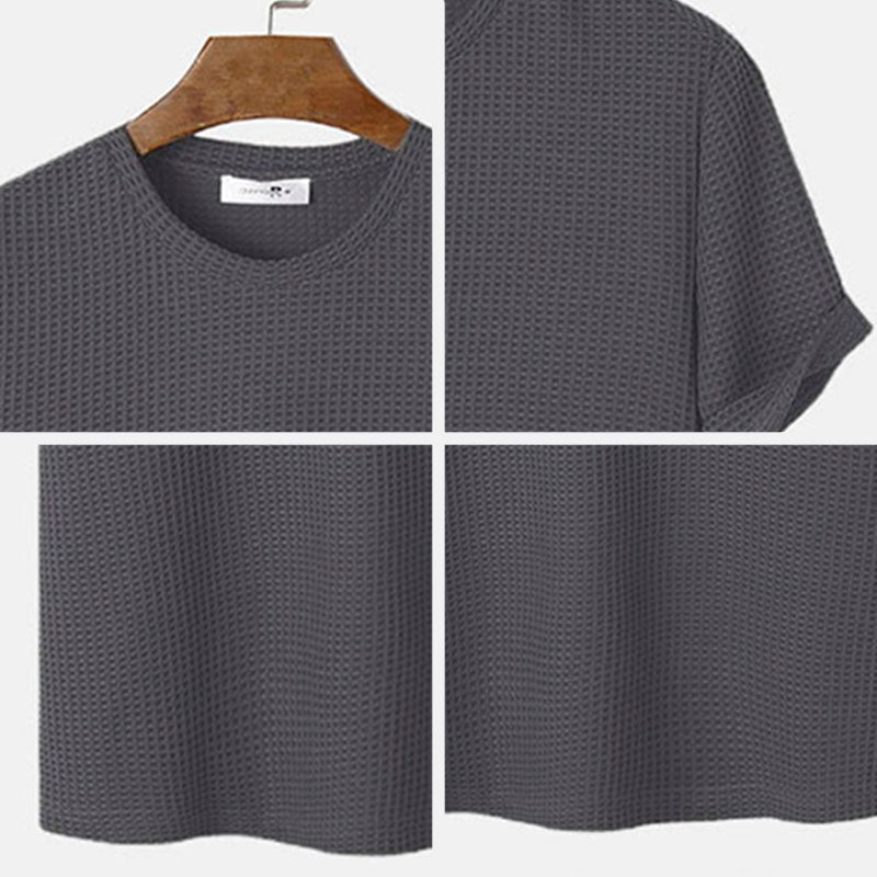 Mens Waffle Knit T-Shirt close-up of textured crew neckline in dark grey