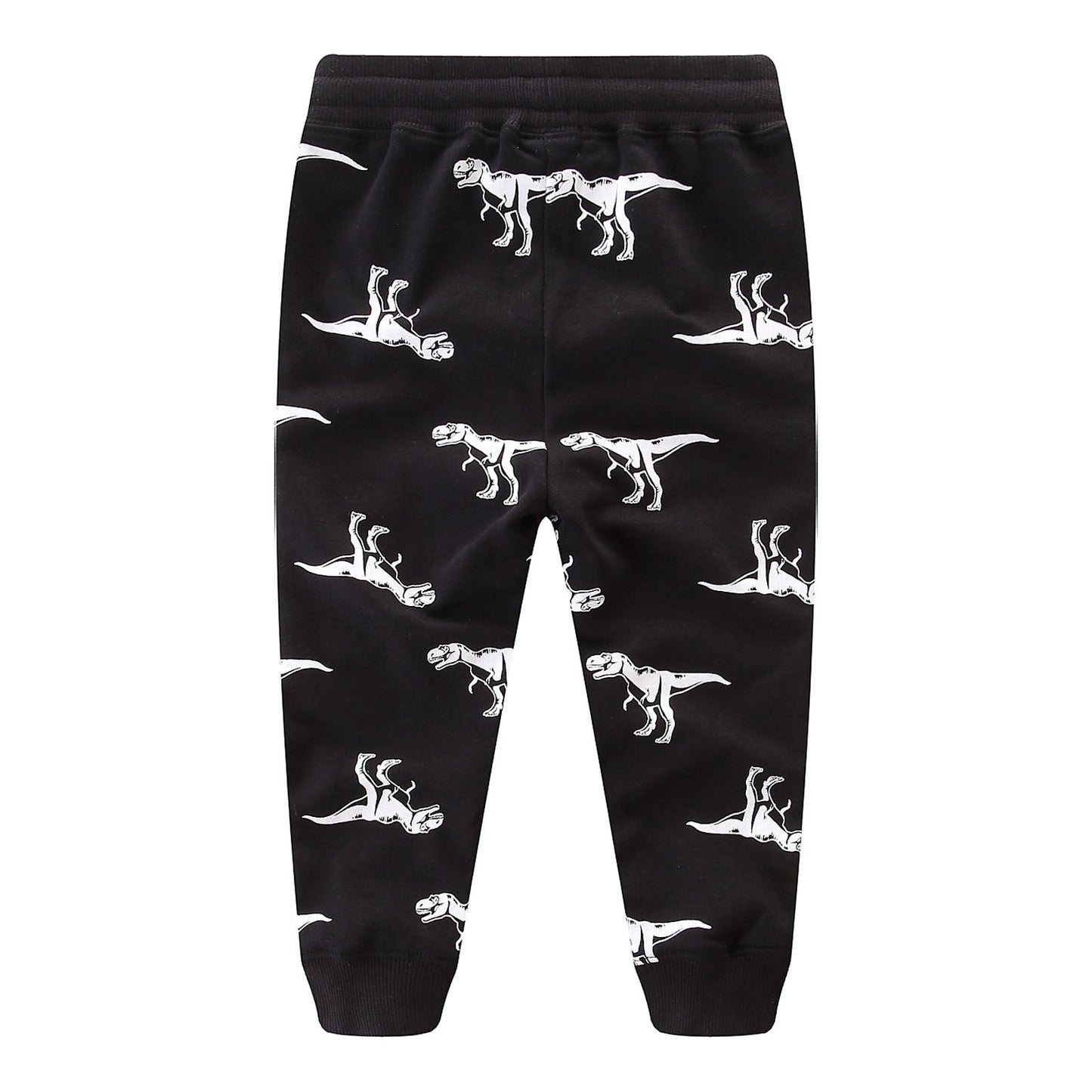 Boys dinosaur joggBoys dinosaur joggers back view showing the black fabric, white cartoon print and ribbed ankle cuffs