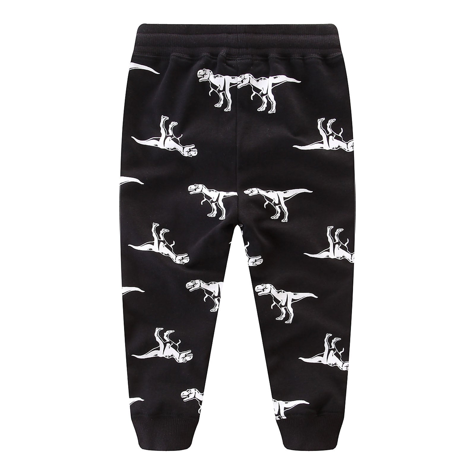 Boys dinosaur joggBoys dinosaur joggers back view showing the black fabric, white cartoon print and ribbed ankle cuffs