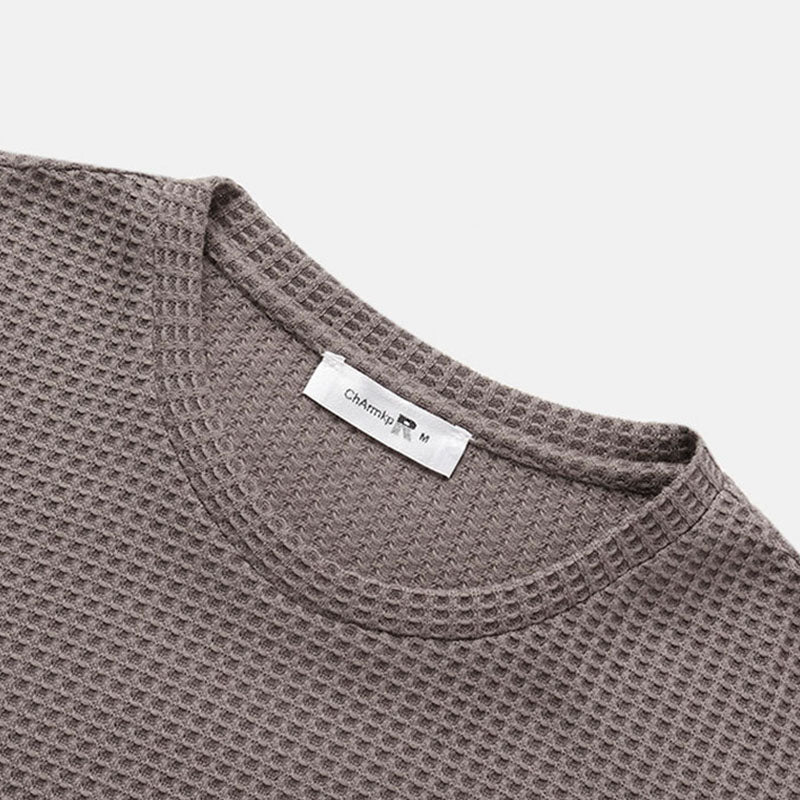 Mens Waffle Knit T-Shirt close-up of textured crew neckline in khaki