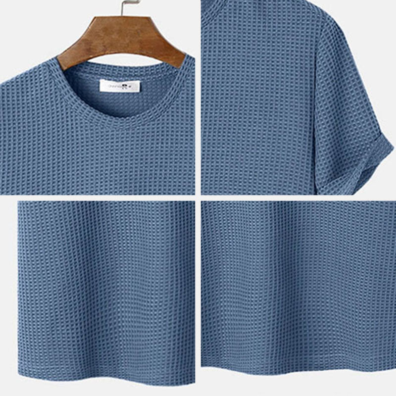Mens Waffle Knit T-Shirt close-up of textured crew neckline in blue