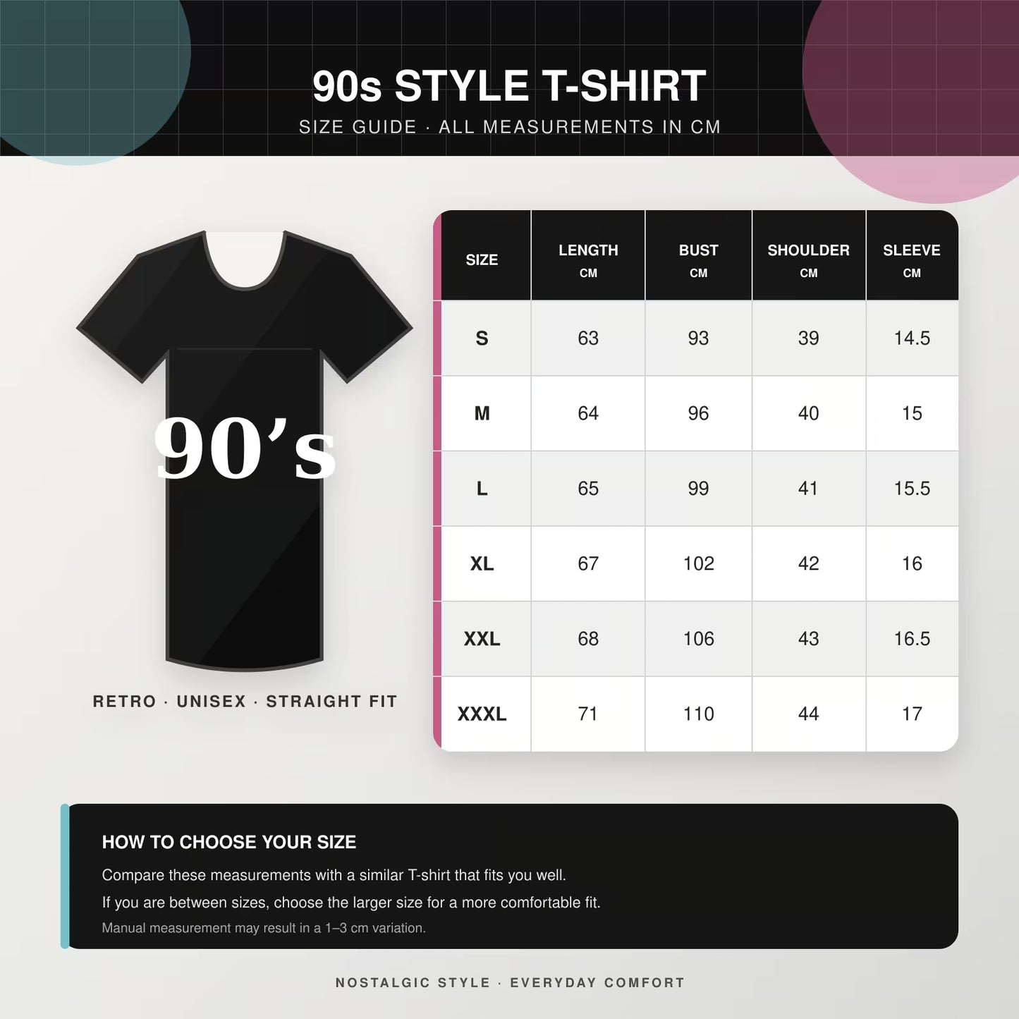 90s Style T-Shirt size guide for S–3XL with length, bust, shoulder and sleeve measurements in cm