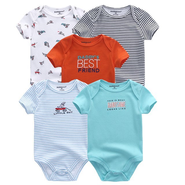 Baby Bodysuits 5-Pack in grey, orange, striped and blue designs