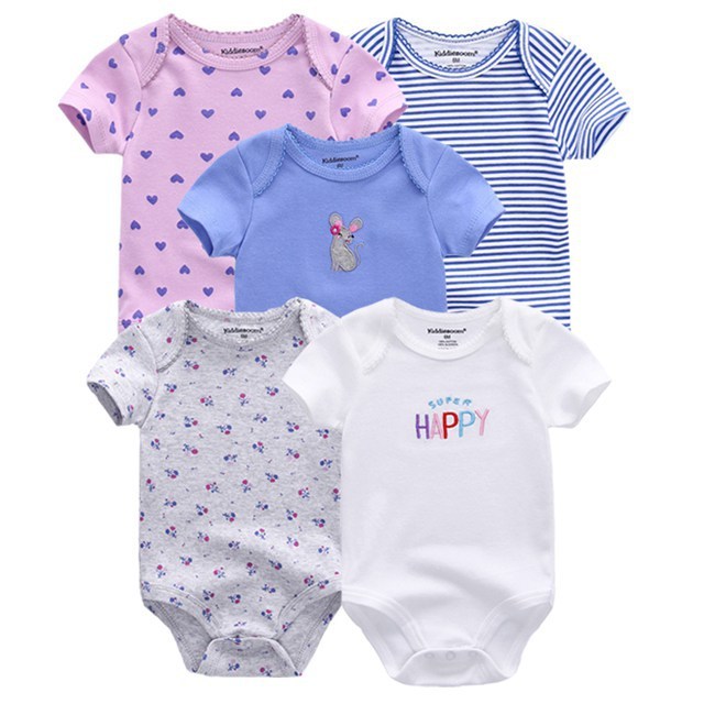 Baby Bodysuits 5-Pack in lavender, blue and white printed styles