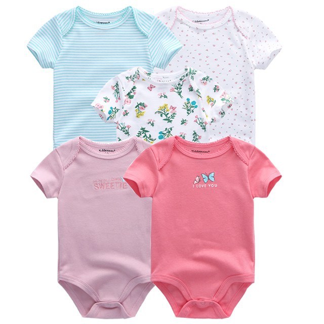 Baby Bodysuits 5-Pack in mint, white and pink floral designs