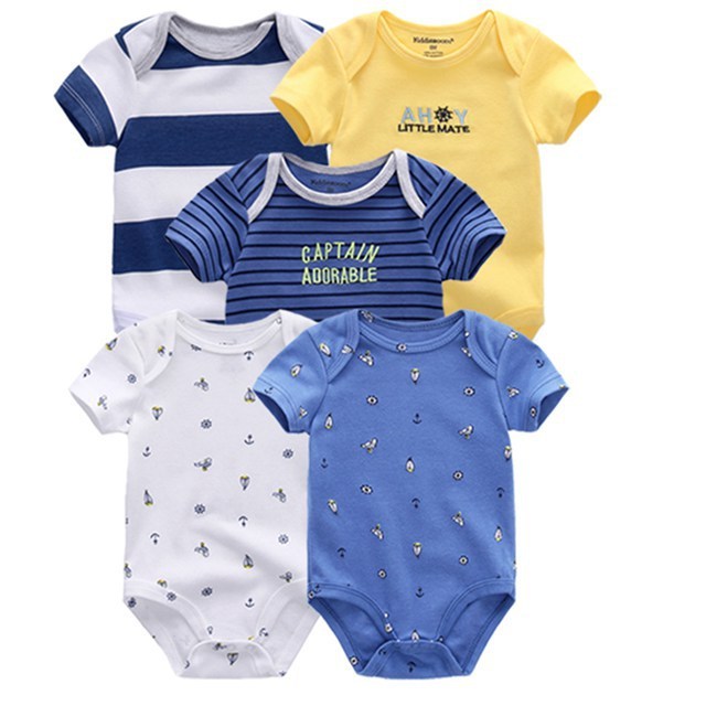 Baby Bodysuits 5-Pack in navy, yellow and blue printed styles