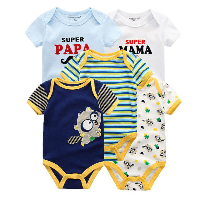 Baby Bodysuits 5-Pack in navy, yellow and white family-themed prints