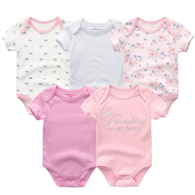 Baby Bodysuits 5-Pack in soft pink and white printed design