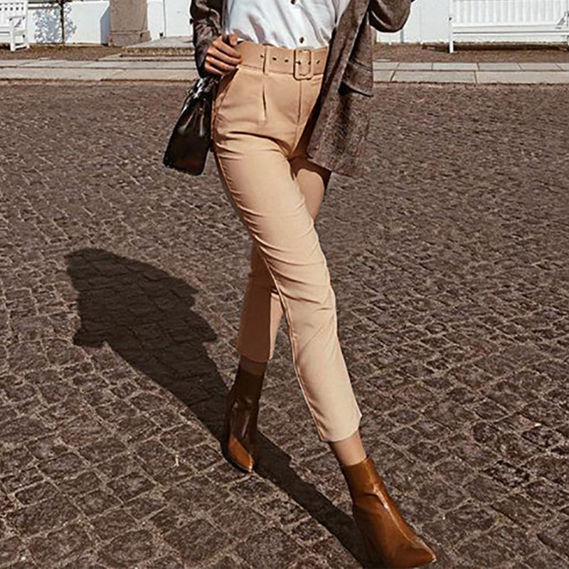 Belted High Waist Trousers in khaki worn outdoors with brown ankle boots
