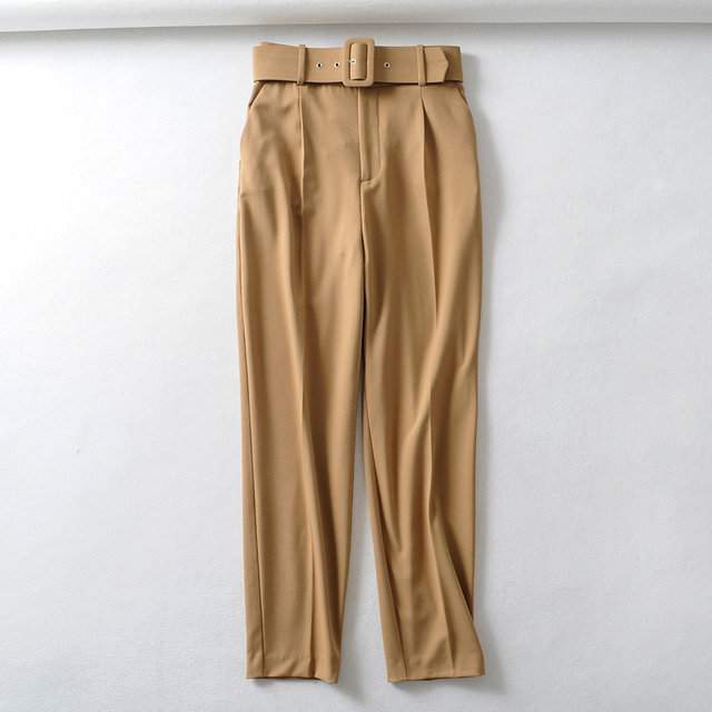 Belted High Waist Trousers in khaki showing the buckle belt and front pleat details