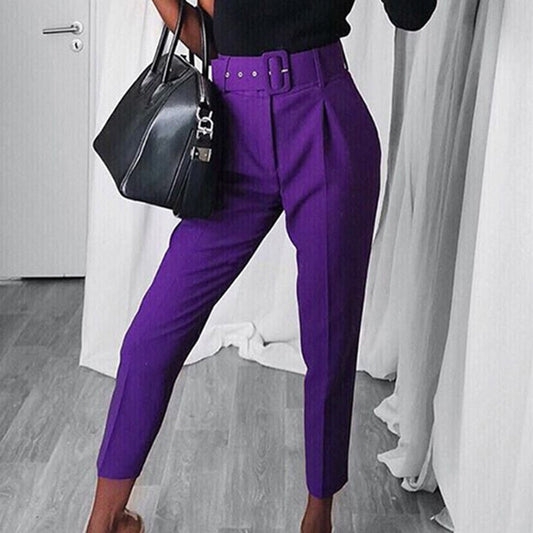 Belted High Waist Trousers in purple with a matching buckle belt, styled with a black top
