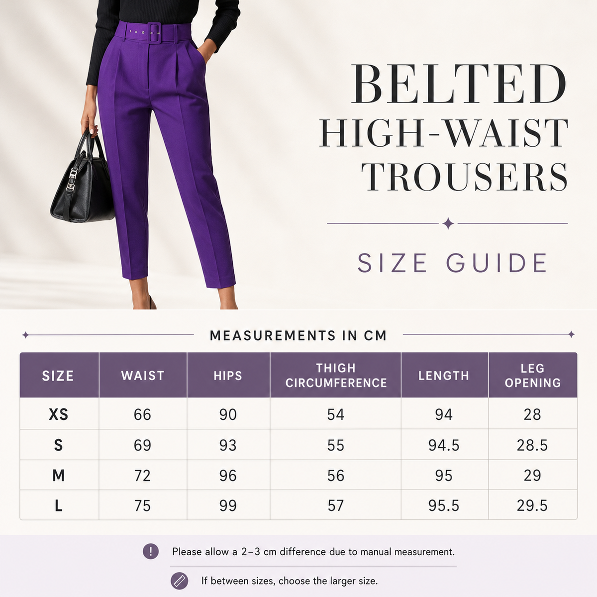 Belted High-Waist Trousers size guide showing waist, hips, thigh circumference, length and leg opening measurements in cm for sizes XS–L.