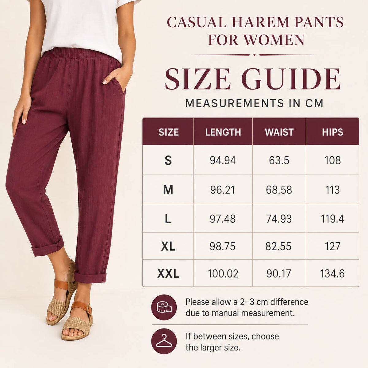 Casual Harem Pants size guide showing length, waist and hip measurements in centimetres for sizes S to XXL