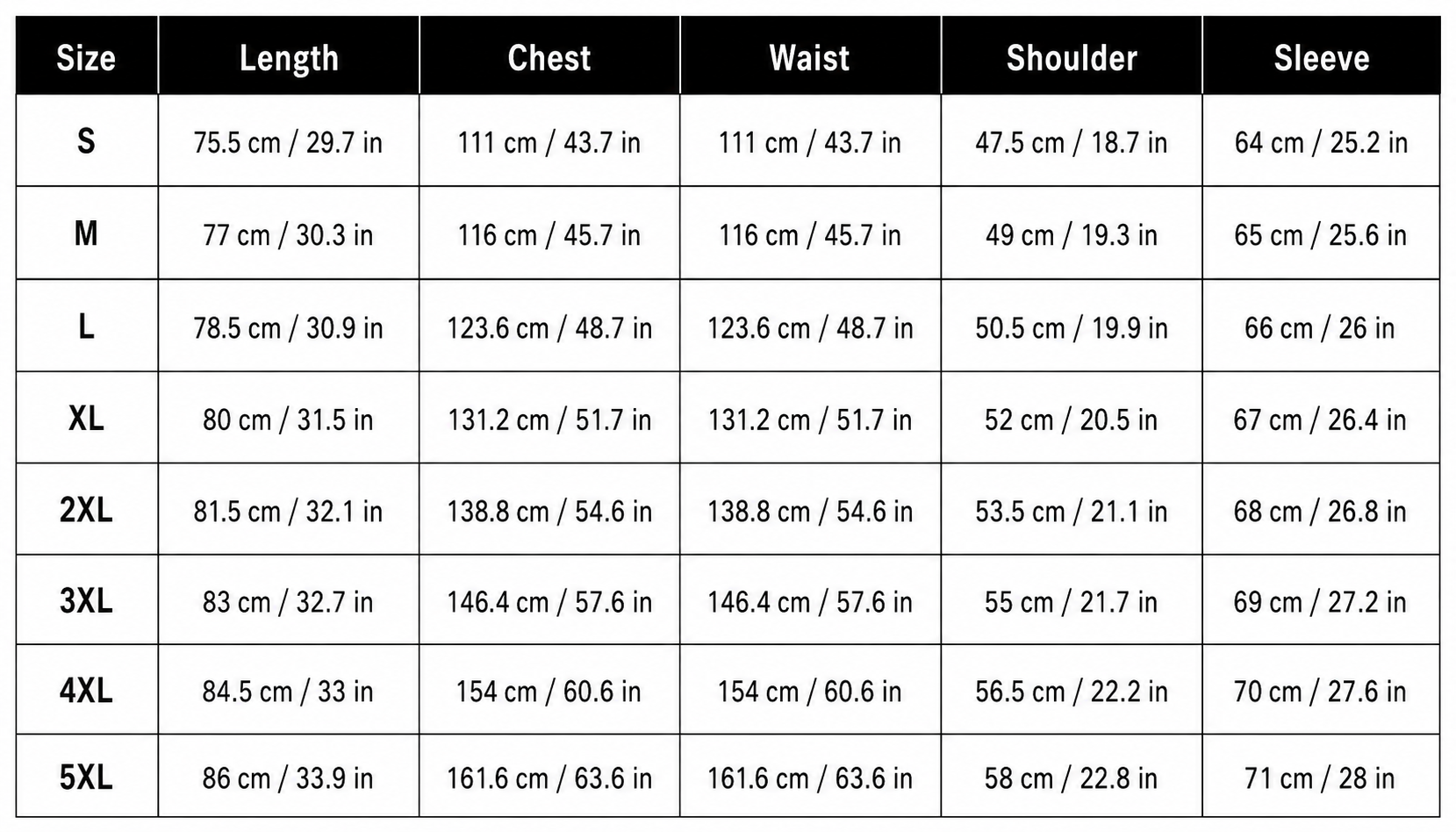 Mens Stand Collar Shirt size chart with measurements from S to 5XL