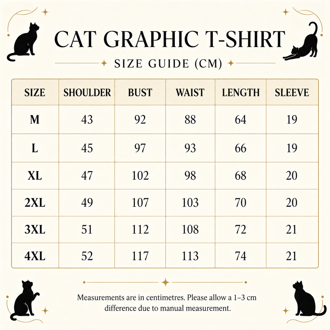 Mens Cat Graphic T Shirt Size Guide from M to 4XL with measurements in centimetres