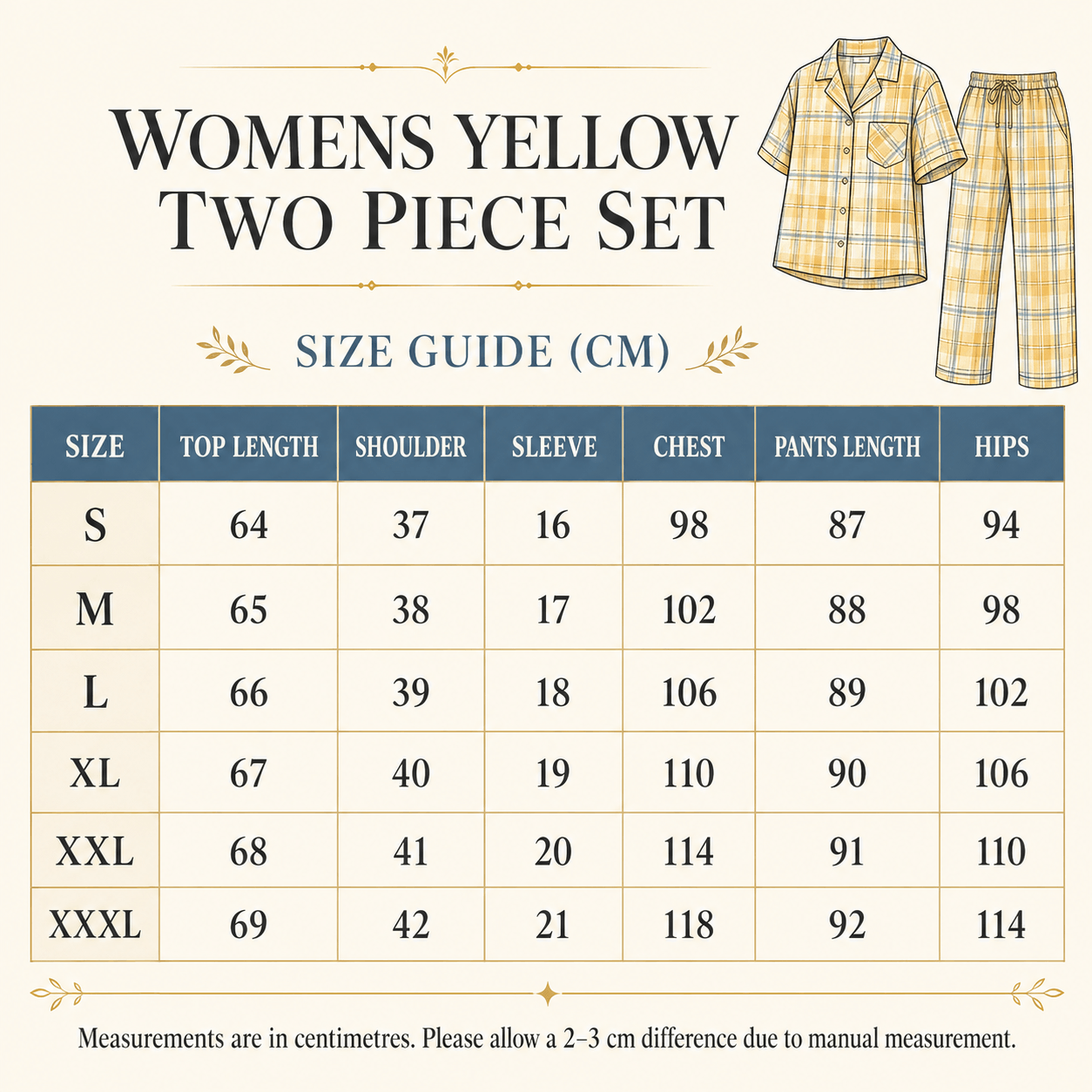 Womens Yellow Two Piece Set Size Guide CM from size S to XXXL