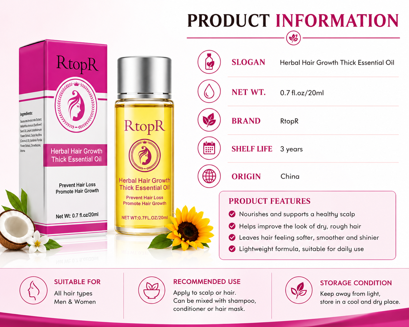 RtopR Herbal Hair Growth Thick Essential Oil – herbal hair essential oil with sunflower seed oil, coconut oil, flax flower extract, and botanical ingredients.