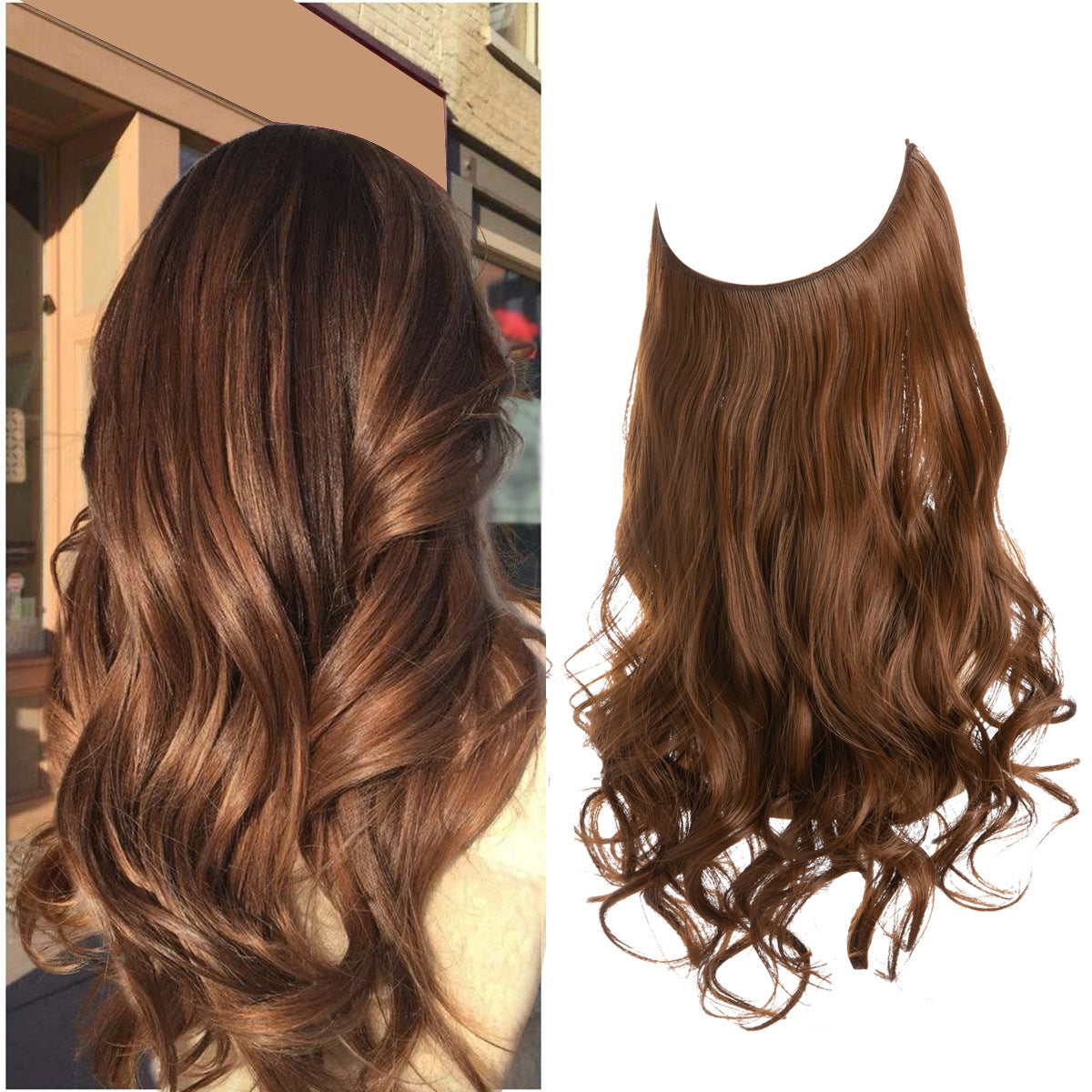 Curly Halo Hair Extension in light auburn with warm copper tones.