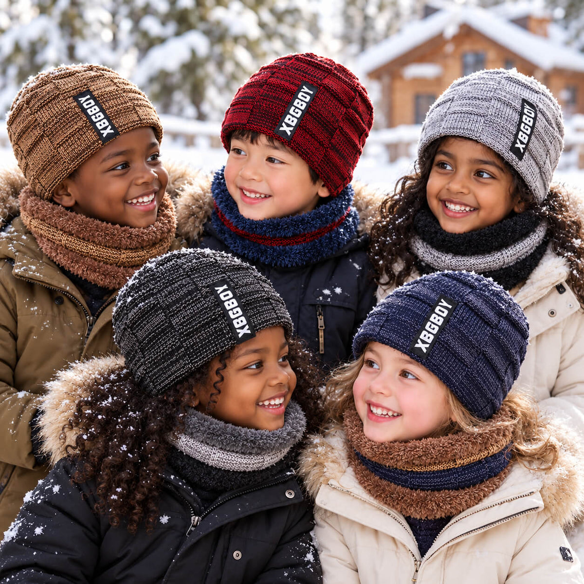 Five children wearing winter knit hats and matching snoods in khaki, wine red, grey, black grey and navy blue in a snowy setting.
