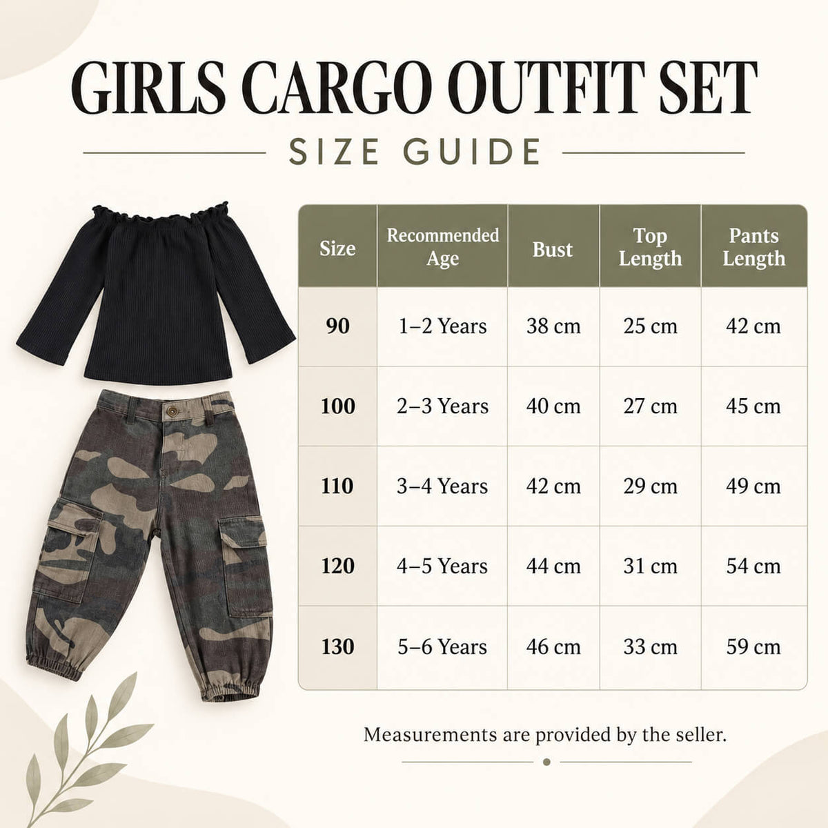 Girls Cargo Outfit Set size guide showing bust, top length and pants length for sizes 90–130