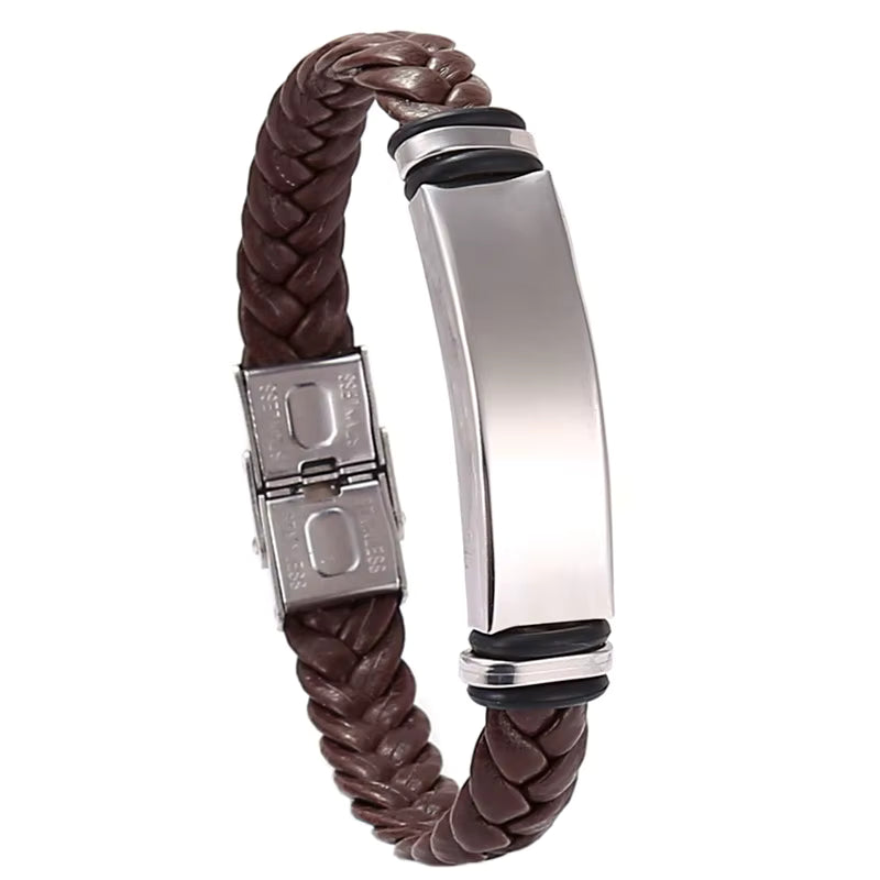 Braided Leather Cuff Bracelet in Coffee with polished steel plate