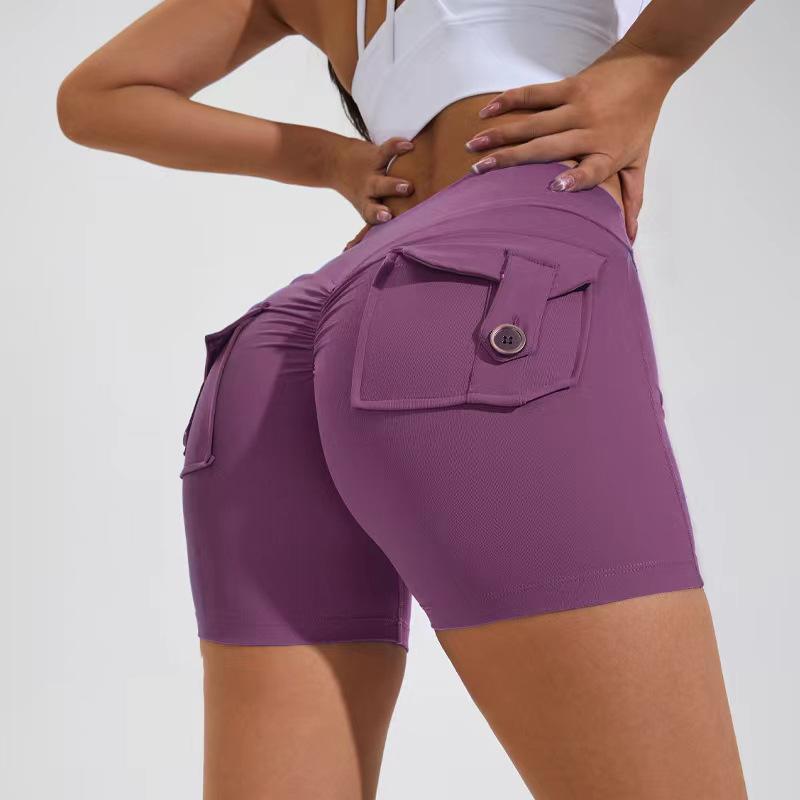 High Waist Workout Shorts in coral red with a high-rise waistband