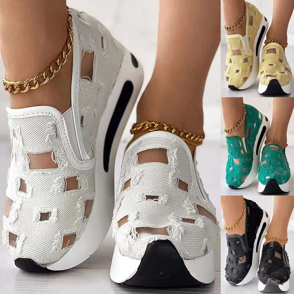 Hollow Out Canvas Shoes collage featuring white slip-on sneakers with distressed cut-outs, alongside yellow, green and black colour options.