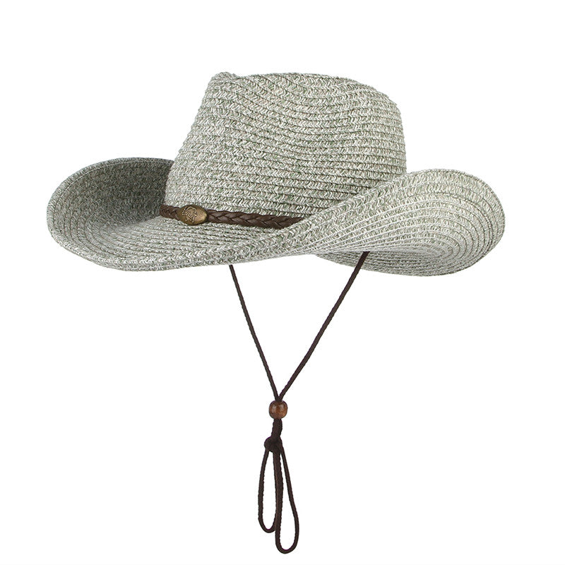  Light Grey-Green Unisex Cowboy Sun Hat in light grey-green, front view showing the woven crown, curved brim and adjustable chin strap