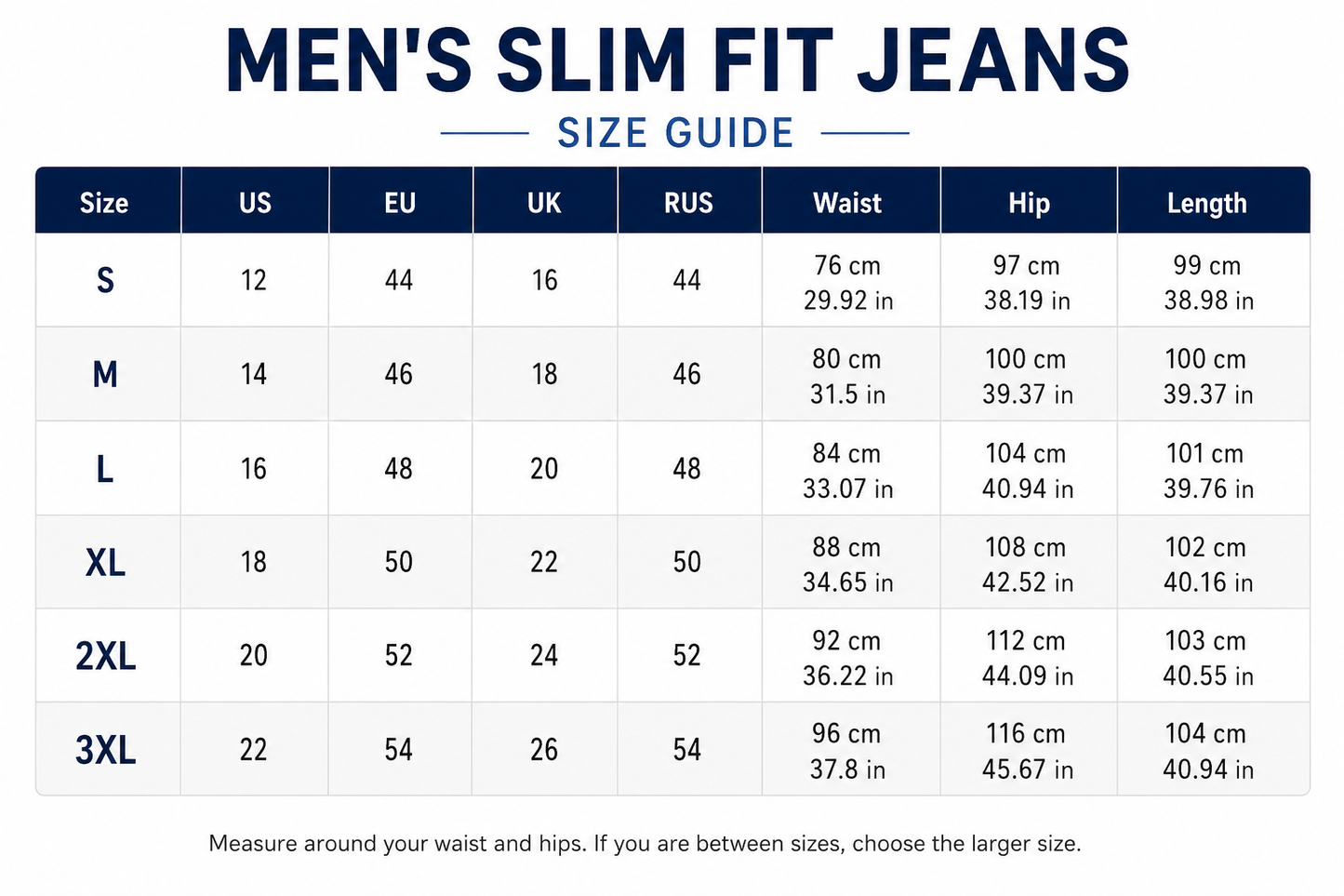 Men’s Slim Fit Jeans size guide with US, EU, UK and RUS sizes S–3XL, including waist, hip and length measurements in cm and inches