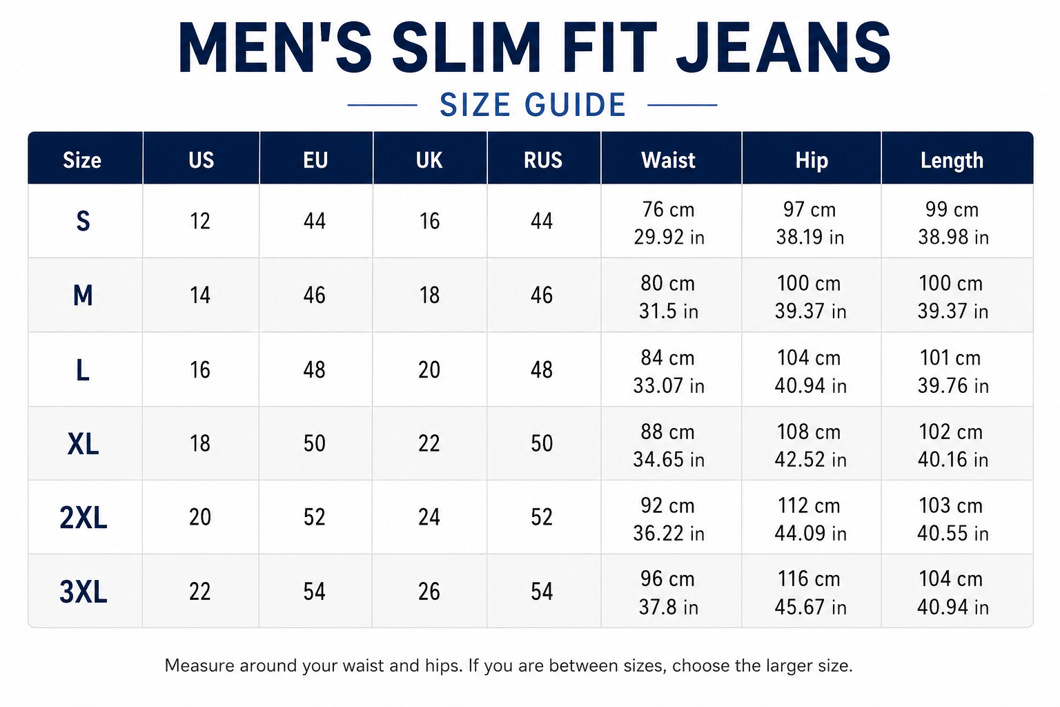Men’s Slim Fit Jeans size guide with US, EU, UK and RUS sizes S–3XL, including waist, hip and length measurements in cm and inches