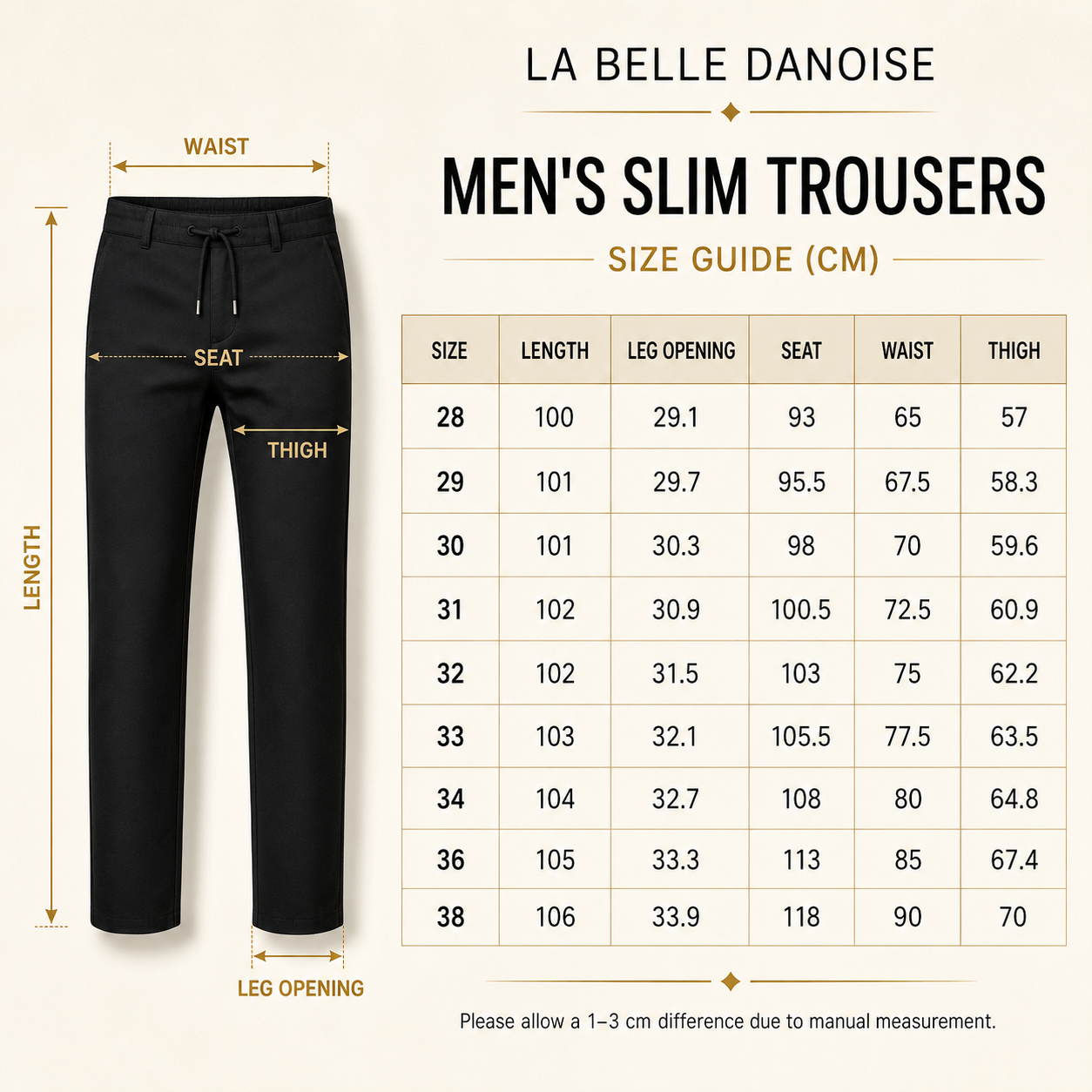 Mens Slim Fit Trousers size guide in cm for sizes 28–38 with length, leg opening, seat, waist and thigh measurements