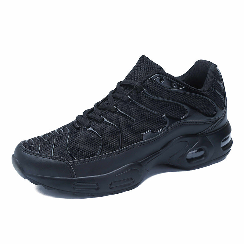 Mens Breathable Mesh Sneakers in all black with matching laces, layered panels and sculpted soles.