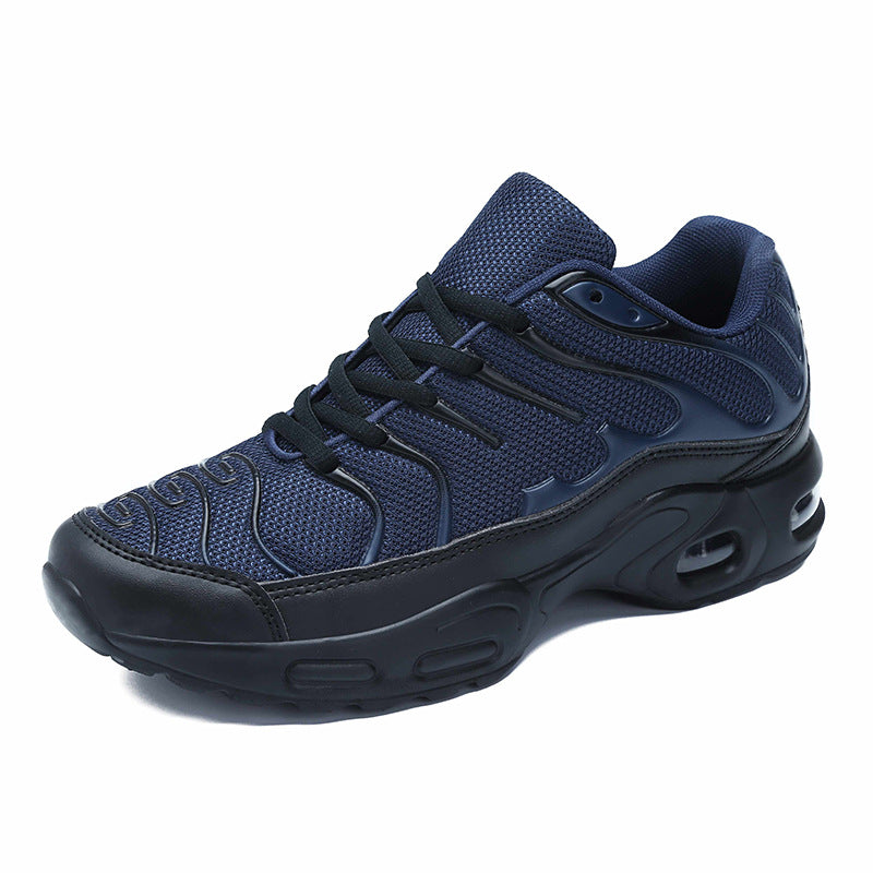 Mens Breathable Mesh Sneakers in dark blue and black with matching laces and sculpted black soles.