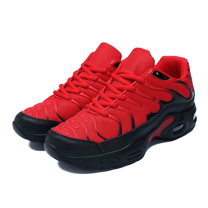 Mens Breathable Mesh Sneakers in red and black, displayed as a pair with red laces and chunky black soles.