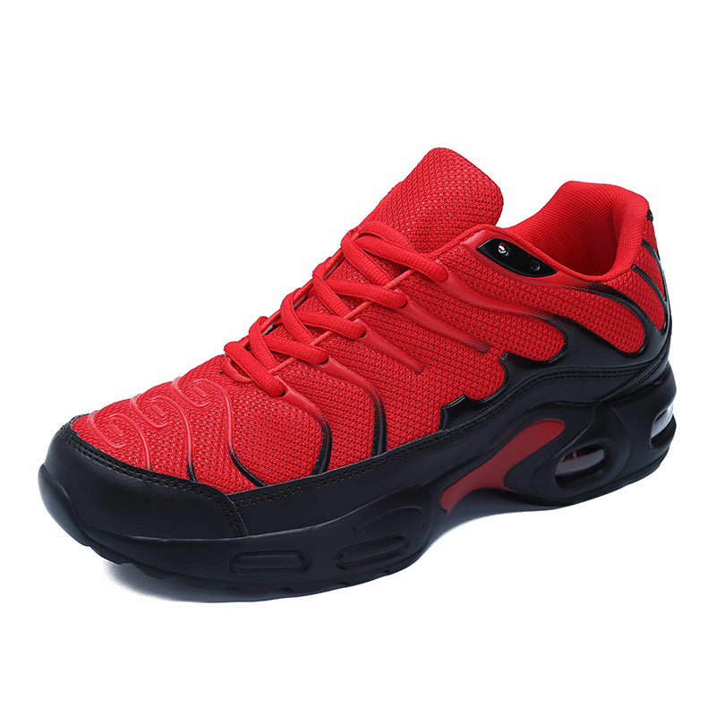 Mens Breathable Mesh Sneakers in red with black detailing and a sculpted black sole, shown from an angled view.