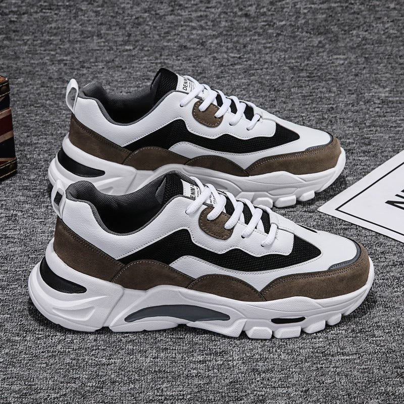 Mens Chunky Platform Sneakers in Brown, displayed as a pair with layered panels, white laces and chunky white soles.