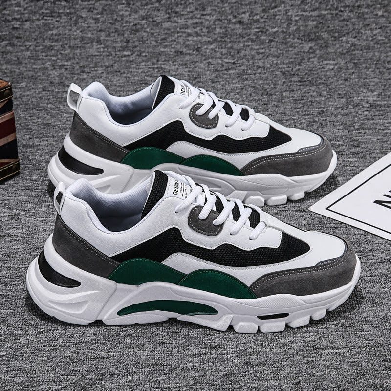 Mens Chunky Platform Sneakers in Green, displayed as a pair with contrasting black, white and grey panels and sculpted soles.