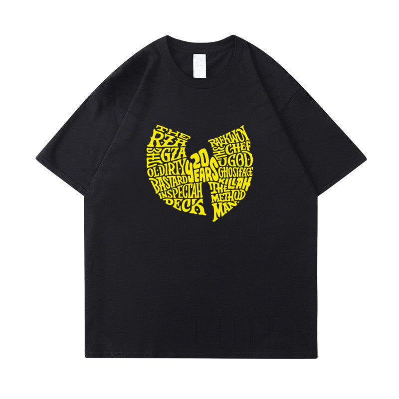 Mens Graphic T Shirt in black displaying an alternative yellow graphic design