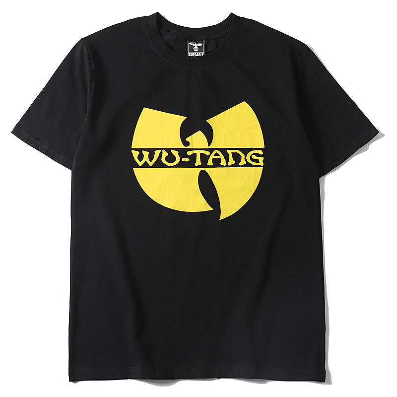 Mens Graphic T Shirt in black with a yellow emblem and short sleeves