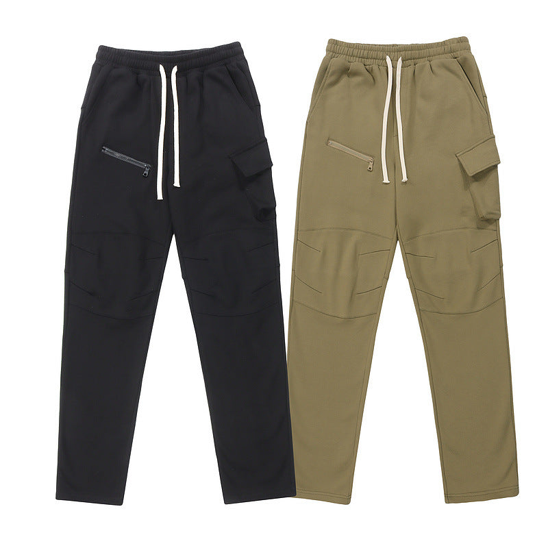Mens Hip Hop Cotton Trousers in Black and Green, front views showing cargo pockets and contrasting drawstrings