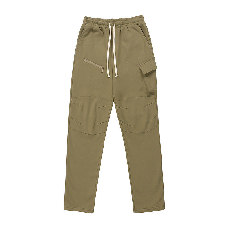 Mens Hip Hop Cotton Trousers in Green, front view showing the waistband, drawstrings and cargo pockets