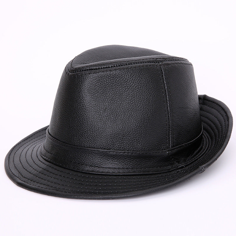 Mens Leather Fedora Hat in Black, angled product view on a white background showing the shaped crown, matching hatband and stitched brim