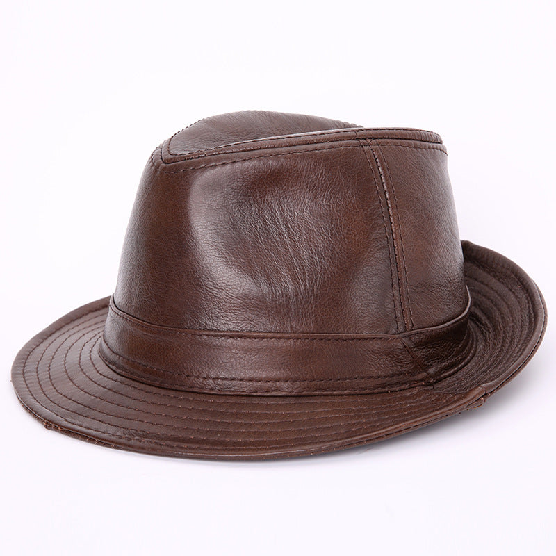Mens Leather Fedora Hat in Brown, angled product view on a white background showing the crown, matching hatband and rows of brim stitching