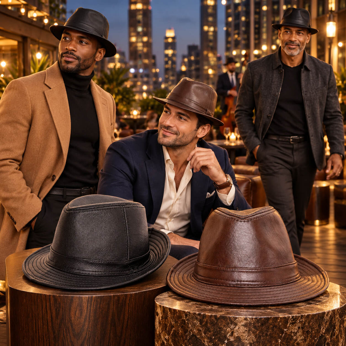 Mens Leather Fedora Hat in black and brown, displayed in the foreground and worn by three men in an evening city setting.