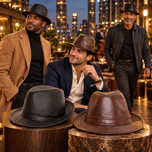 Mens Leather Fedora Hat in black and brown, displayed in the foreground and worn by three men in an evening city setting.