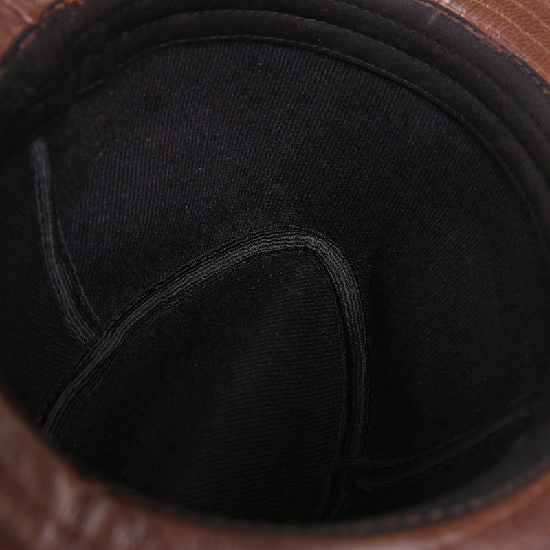 Mens Leather Fedora Hat interior close-up showing the black lining, inner band and stitched seams