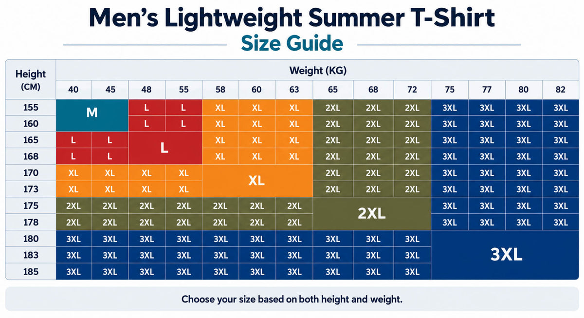 Mens Lightweight Summer T-Shirt size guide based on height and weight, sizes M to 3XL
