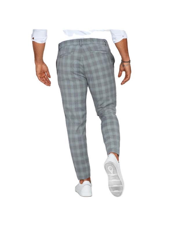 Mens Loose Fit Plaid Trousers in Grey Blue, rear view on a model showing the checked pattern and tapered legs