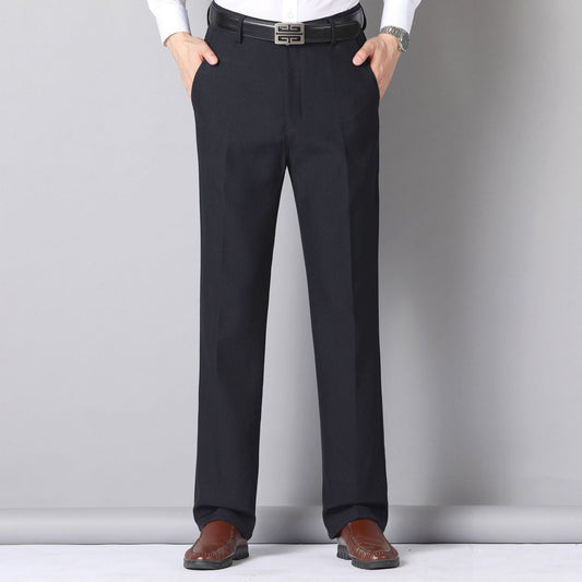 Mens Mid Rise Stretch Trousers , front view on a model wearing a white shirt, black styling belt and brown shoes