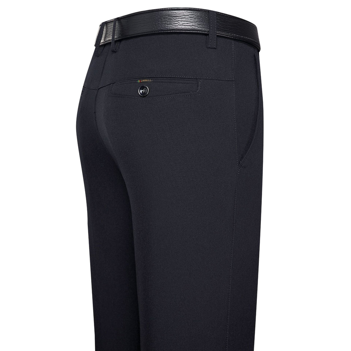 Mens Mid Rise Stretch Trousers close-up of the back waistband, belt loops and rear pocket with a styling belt